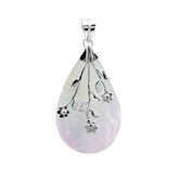 Sterling silver teardrop pendant with genuine white shell and delicate floral design, handcrafted artisan jewelry for everyday wear or gifting.